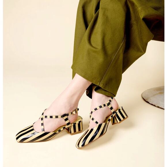 Charlotte Stone Shoes - CHARLOTTE STONE Vera Black Oat Stripe Low Heel Cream Black Sz 9 NWOB $238